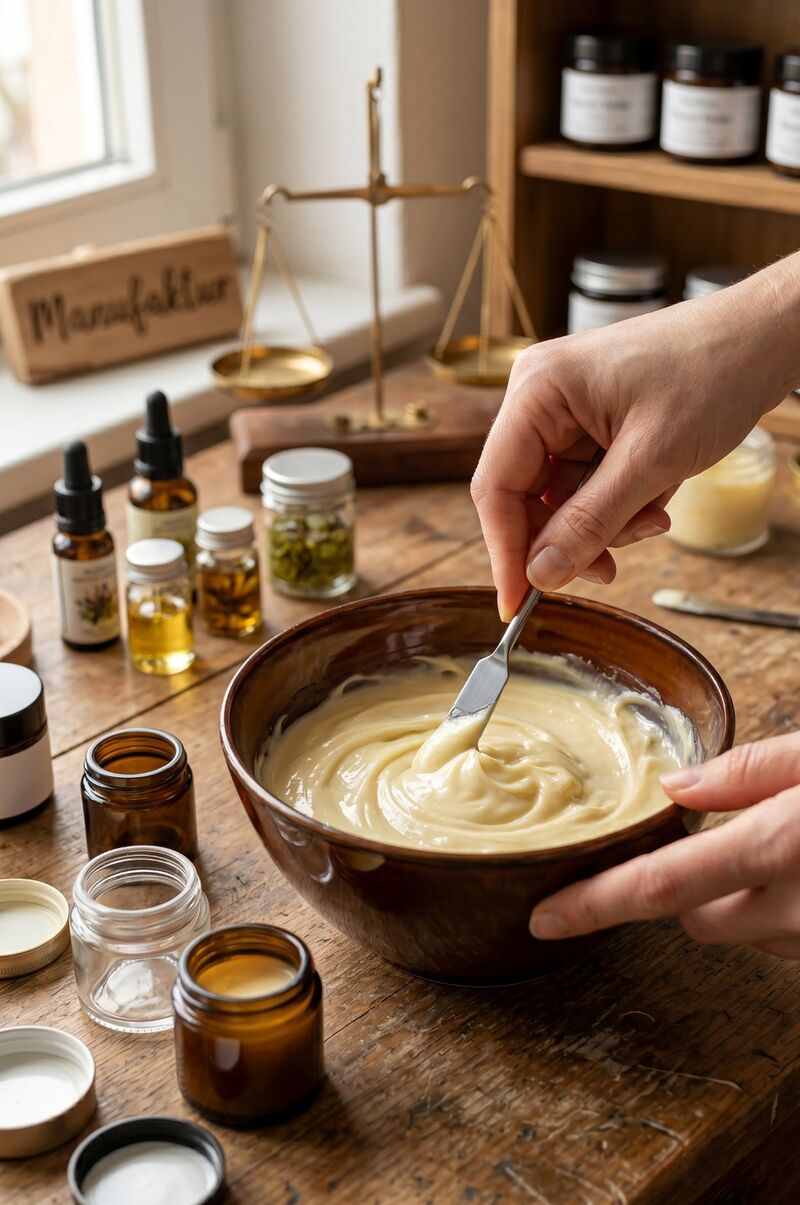 Symbolbild, KI-generiert: Balsam wird von Hand in einer Schale angerührt